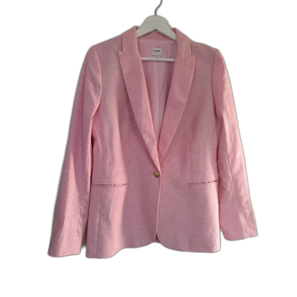 J.Crew Holland Blazer Pink Linen Cotton Single Button Gold Crest Buttons 8